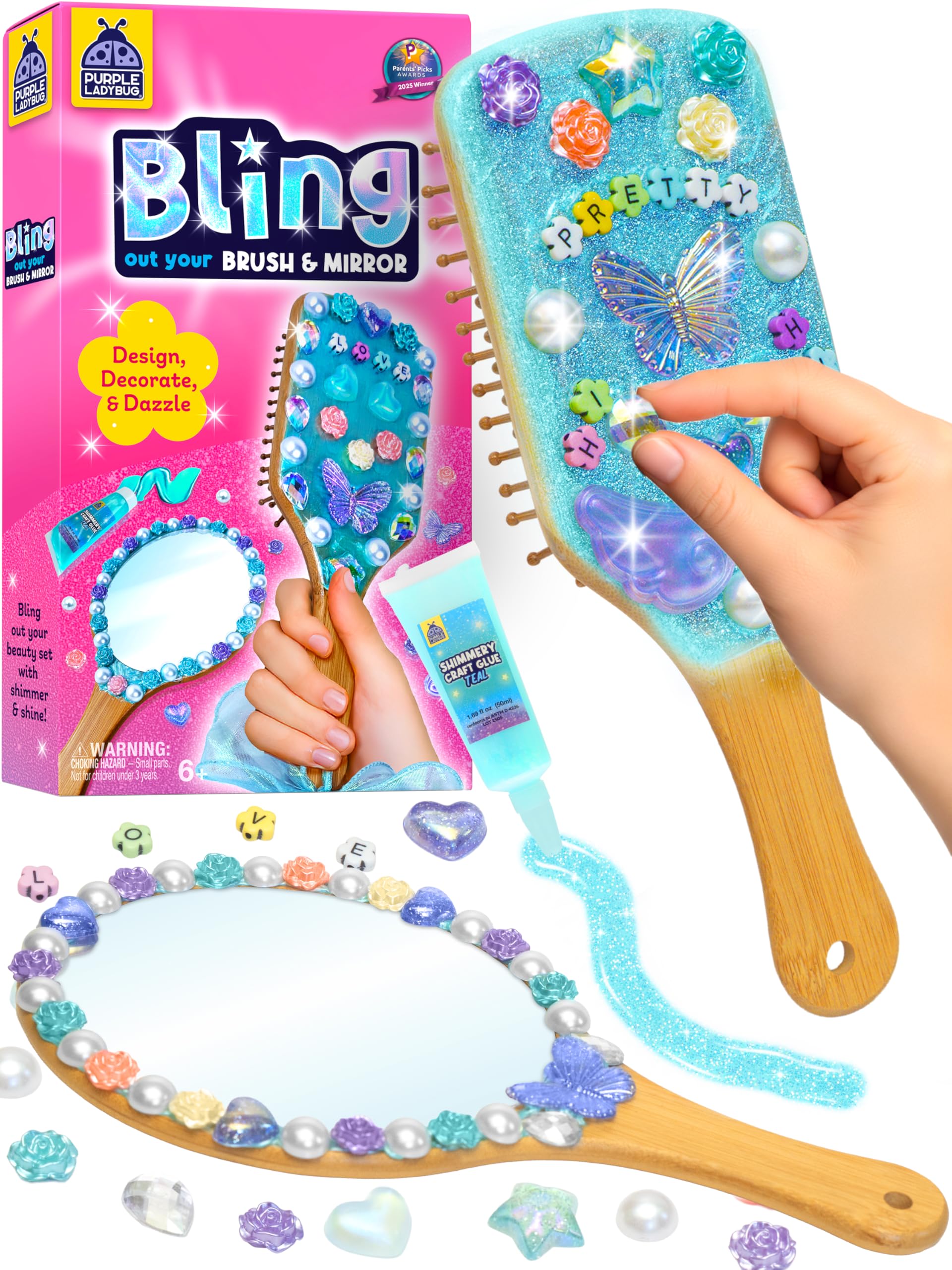 Decorate Your Own Mirror & Brush Craft Kits for Kids - Arts & Crafts Set with Wooden Hairbrush, Mirror, Gems & Beads - Gifts for 10 Year Olds Girls, Girls Birthday Presents for Ages 6 7 8 9 10 11,