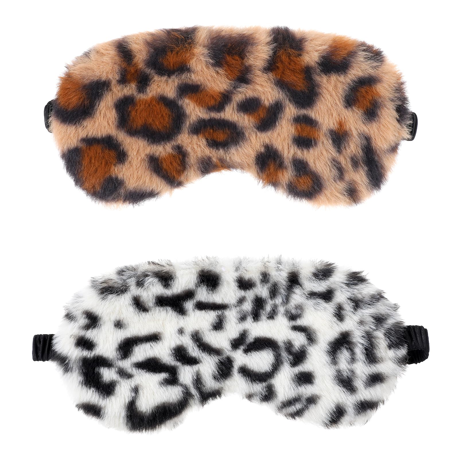 Photo 1 of 2 Pcs Plush Leopard Eye Mask Soft Sleeping Blindfold Eye Cover Comfortable Furry Faux Fur Sleeping Mask Satin Nap Night Eyeshade Cover for Women Men Gift (Brown, White)