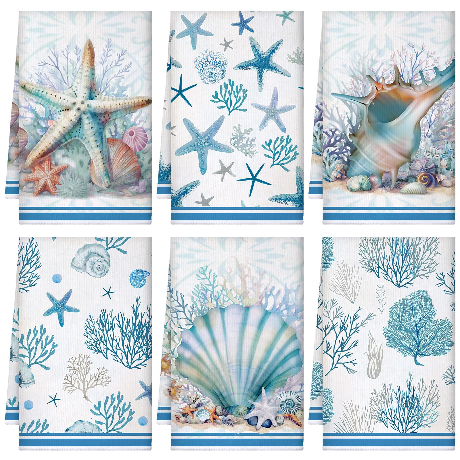 Photo 1 of Boyiee Set of 6 Beach Kitchen Towels Coastal Ocean Dish Towels Sea Nautical Tea Towels Absorbent 24 x 16 Inches Shell Coral Starfish Hand Towels Summer Gifts for Farmhouse Kitchen Bathroom Decorations