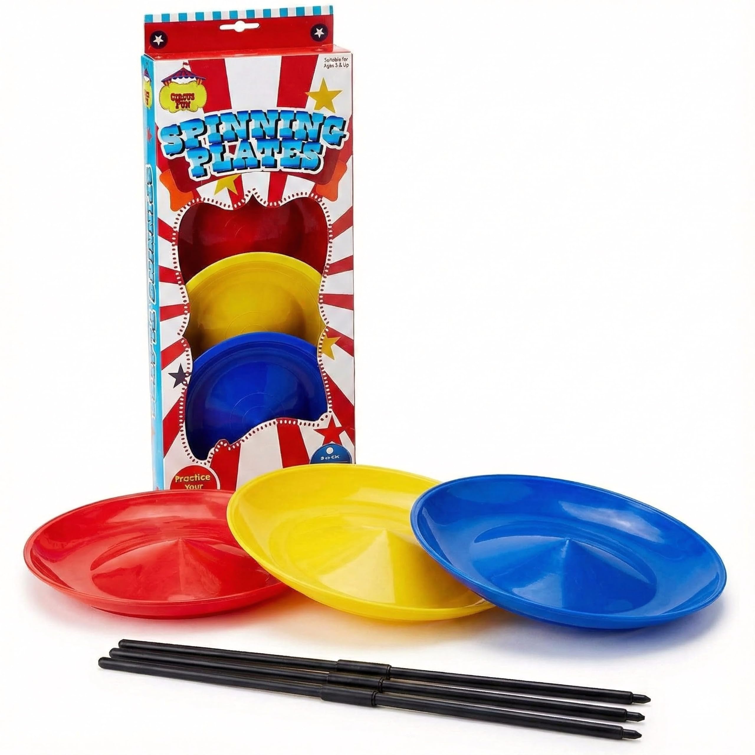 The Magic Toy Shop Spinning Plates & Sticks Set of 3 - Plastic Circus Juggling Games for Kids & Adults - Beginner Balancing Toy for Family Party Games, Hand Eye Coordination, Boys & Girls, Aged 3+