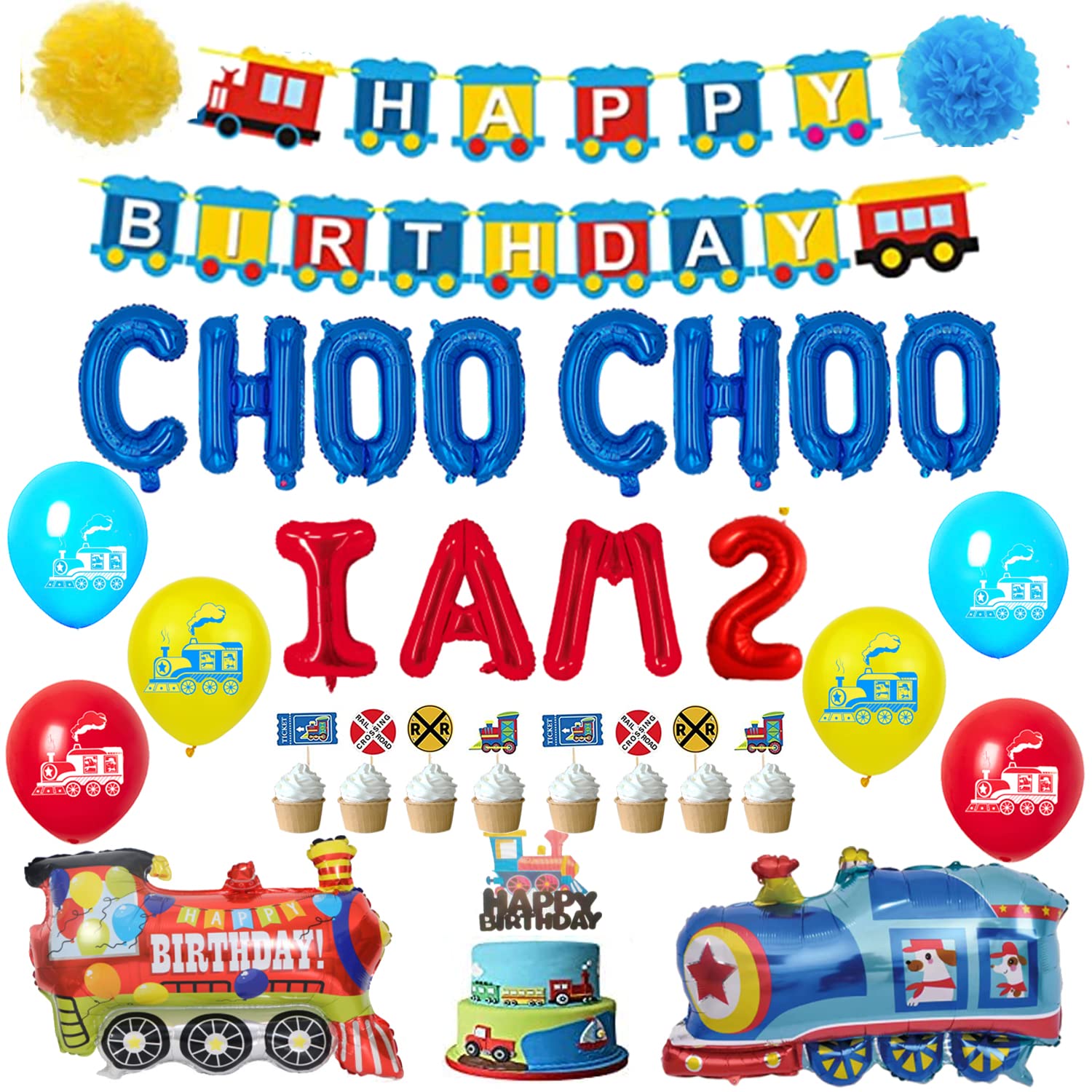 Train 2nd Birthday Party Decorations Supplies for 2 Year Old Boy Choo Choo Im Two Balloons Happy Birthday Banner for Chugga Chugga Two Two Railroad Party Decorations