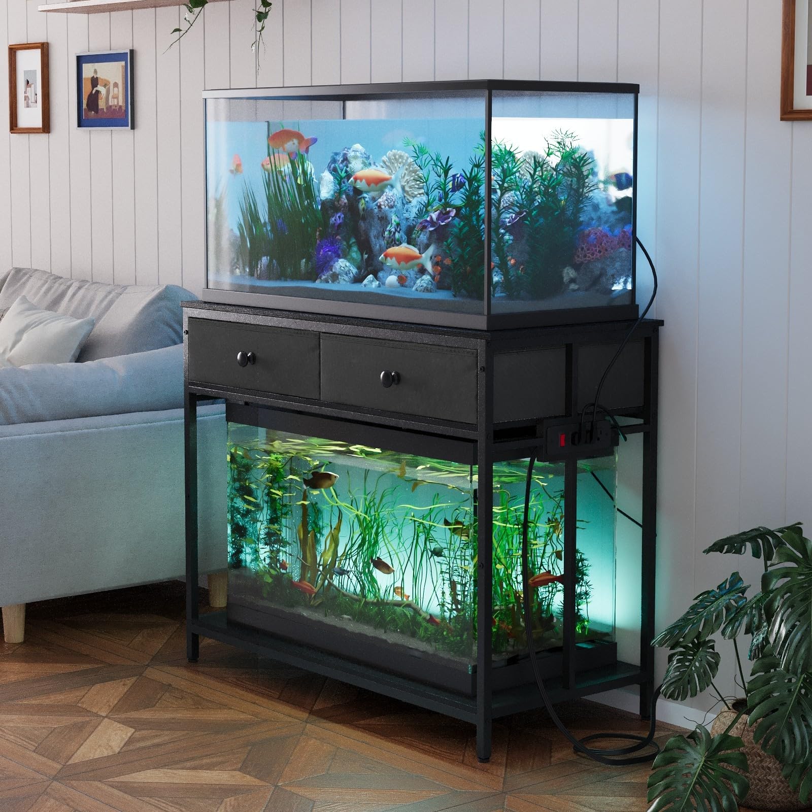 Photo 1 of ***UNKNOWN MISSING PIECES*** VOWNER 40 Gallon Aquarium Stand with Power Outlet, Metal Frame Fish Tank Stand with Cabinet Storage, Double Turtle Reptile Terrariums Tank Stand, 39.4" L*18.9" W Tabletop, 660LBS Capacity, Black