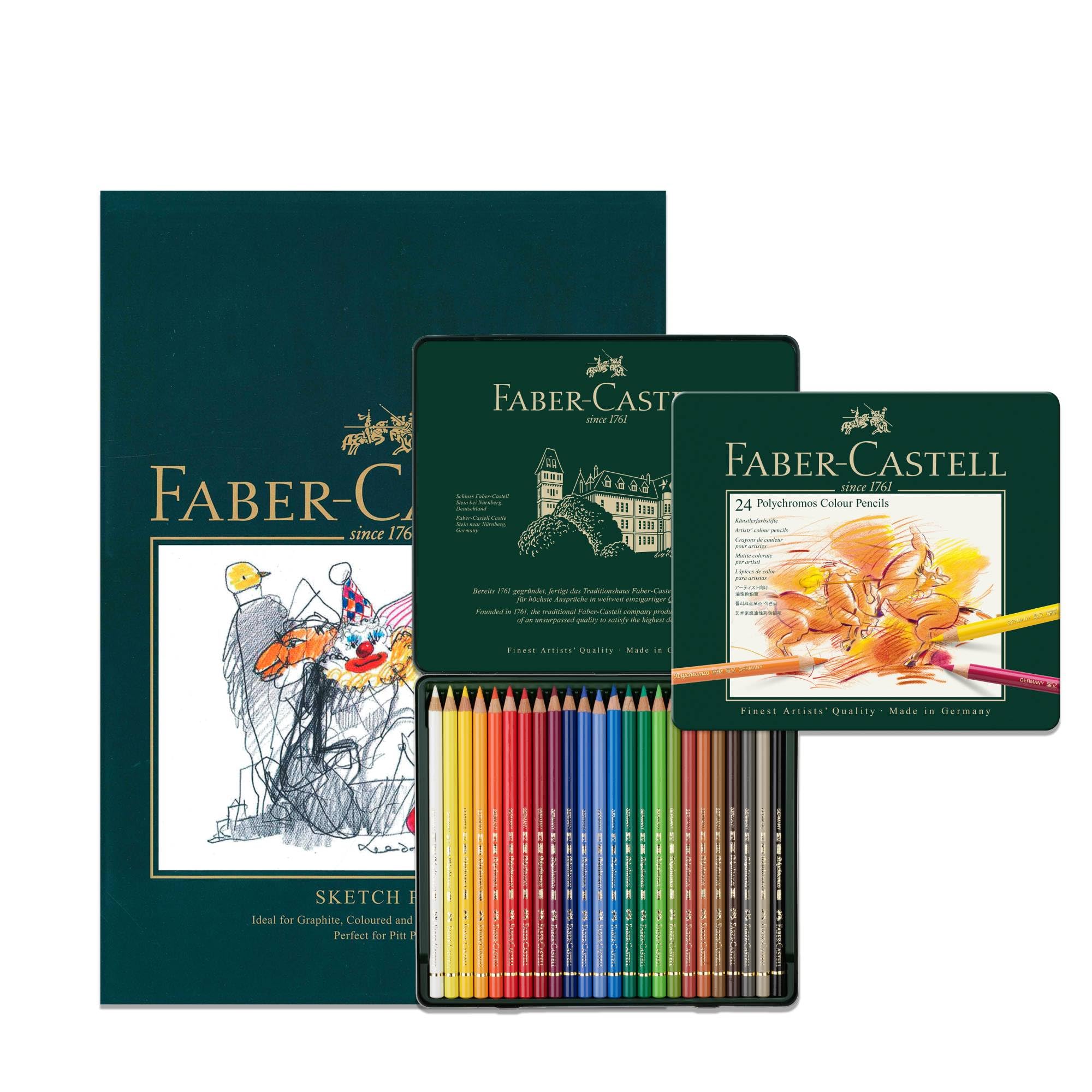 Faber-Castell A4 Sketch Pad & Tin of 24 Polychromos Artists Pencils, Art Set Adult Colouring Books, Craft Supplies, Drawing, Sketching, Lightfast, Schools, Home, College