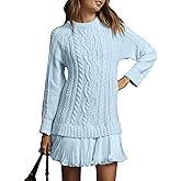 Shiyifa Womens Cable Knit Sweater Dress Crewneck Patchwork Pleated Dresses Twofer Style Long Sleeve Mini Dress 2025