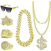 Faurvix 80s 90s Outfit for Men Hip Hop Rapper Costume Accessories Kit Rapper Sunglasses Dollar Sign Chain Ring Halloween Party Costume