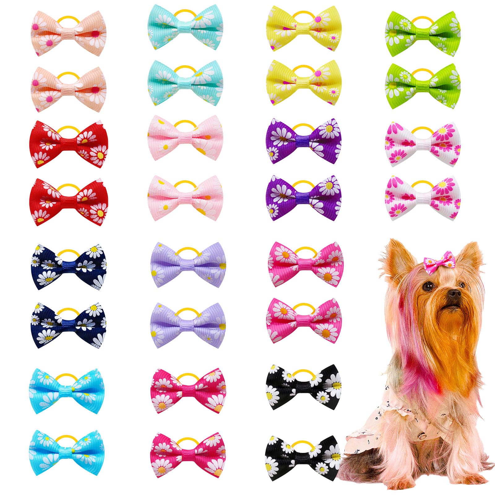 Symphonyw Dog Hair Bows, 28 Pcs Daisy Flower Dog Hair Bows with Elastic Rubber Bands, Pet Dog Grooming Hair Bands Hair Accessories for Long Hair Puppy Kitten Dogs Cats Random Color