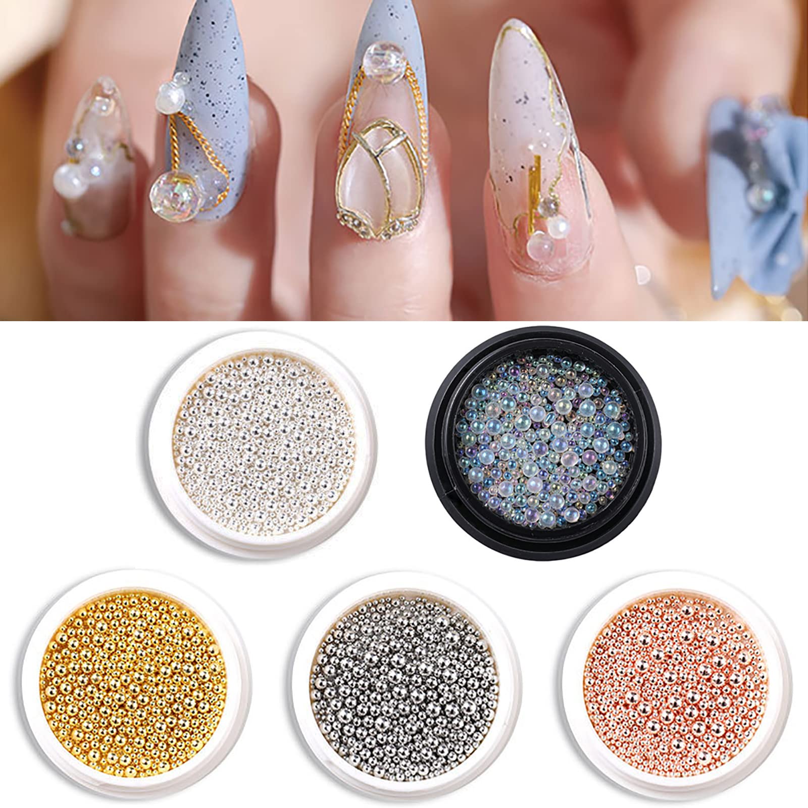 OTKARXUS Nail Art Caviar Beads, 5 Boxes, Gold, Silver, Rose Gold, Shiny Silver, Colorful, Round, Metal, Small, DIY 3D Nail Art Decorations
