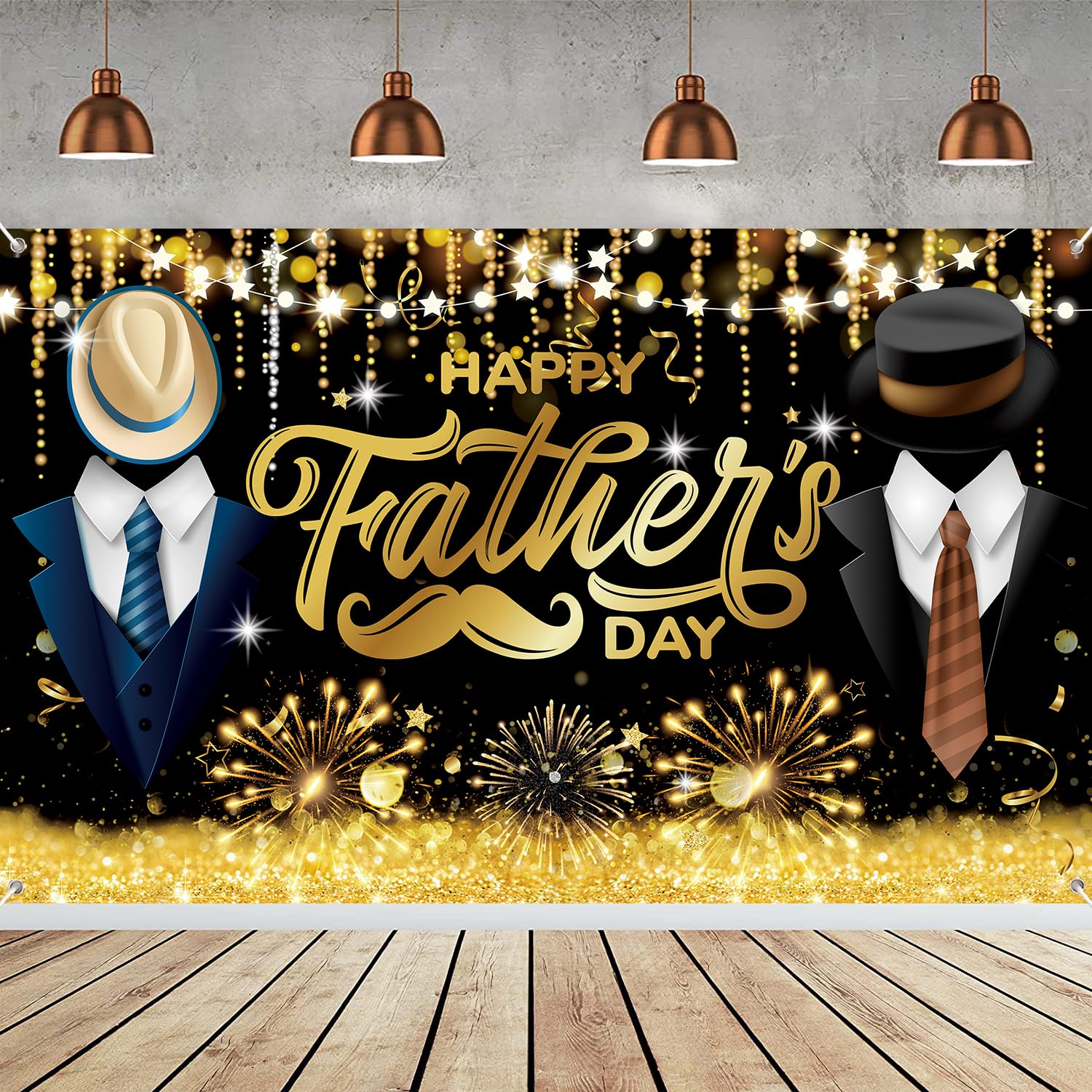 LECONCES Happy Fathers' Day Decorations, Large Happy Fathers Day Backdrop Banner Black and gold, Best Dad Ever Father's Day Party Decorations for Fathers Day Party Decoration(70.87 * 43.3Inchs)