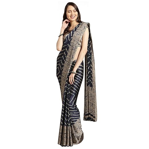 Womanista Womens crepe with Blouse Piece 7510 Sarees (TKIM778_ Blue & Beige_ Free Size)