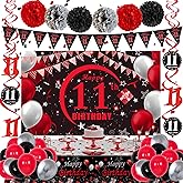 11th Birthday Decorations for Boys Girls Red and Black, Happy 11th Birthday Backdrop Banner, 11 Birthday Party Decoration Tablecloth Balloons Triangle Flag, 11 Year Old Boy Bday Party Supplies