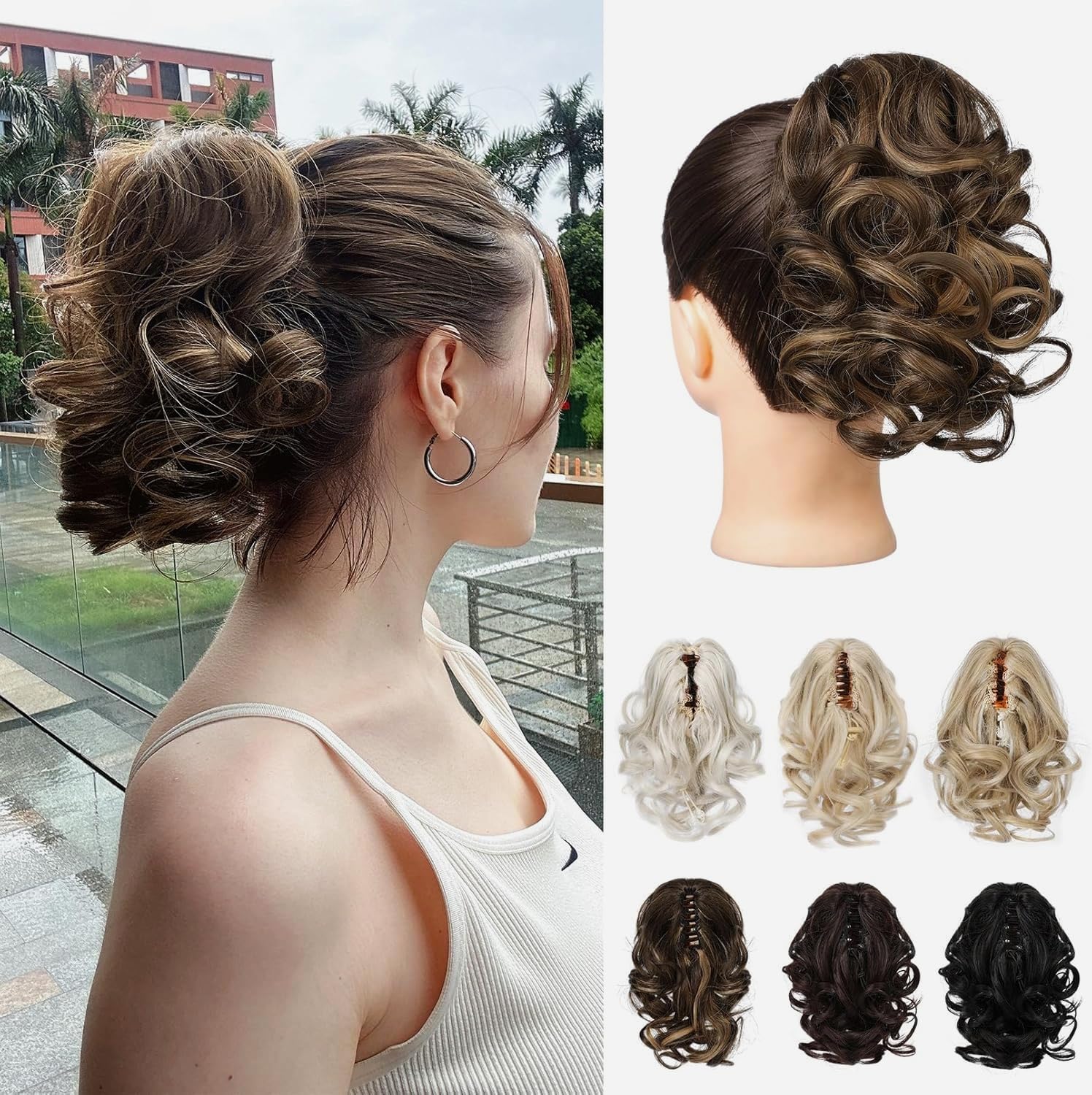 Photo 1 of REECHO Ponytail Extension, 9" Claw Clip in Short Curly Wavy Pony Hair Extension Jaw Clip on Pony Tail HP001 Hairpiece for Women - Chocolate Brown with Highlights