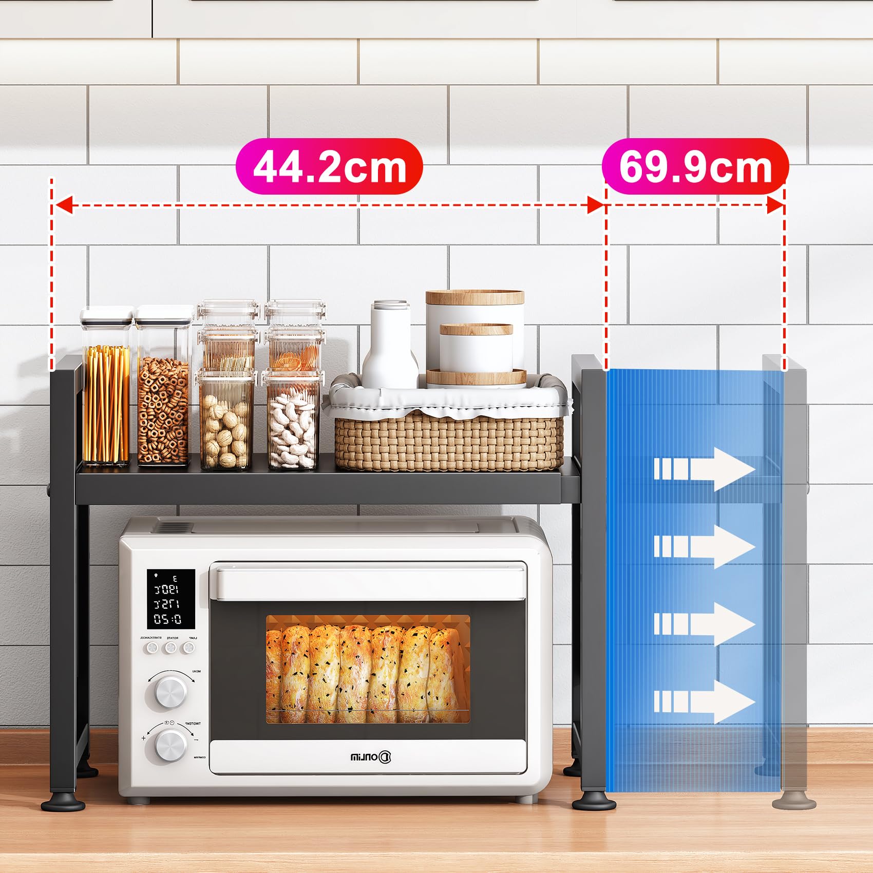 SAYZH Mikrowellen Regal, 2-stufiges Erweiterbares mikrowelle Regal Mikrowellenregal Organizer Küche mit 10 Haken, Flexibel Ausziehbar von 40-70cm, Stufiges Küchenregal mikrowellenständer, Schwarz 3