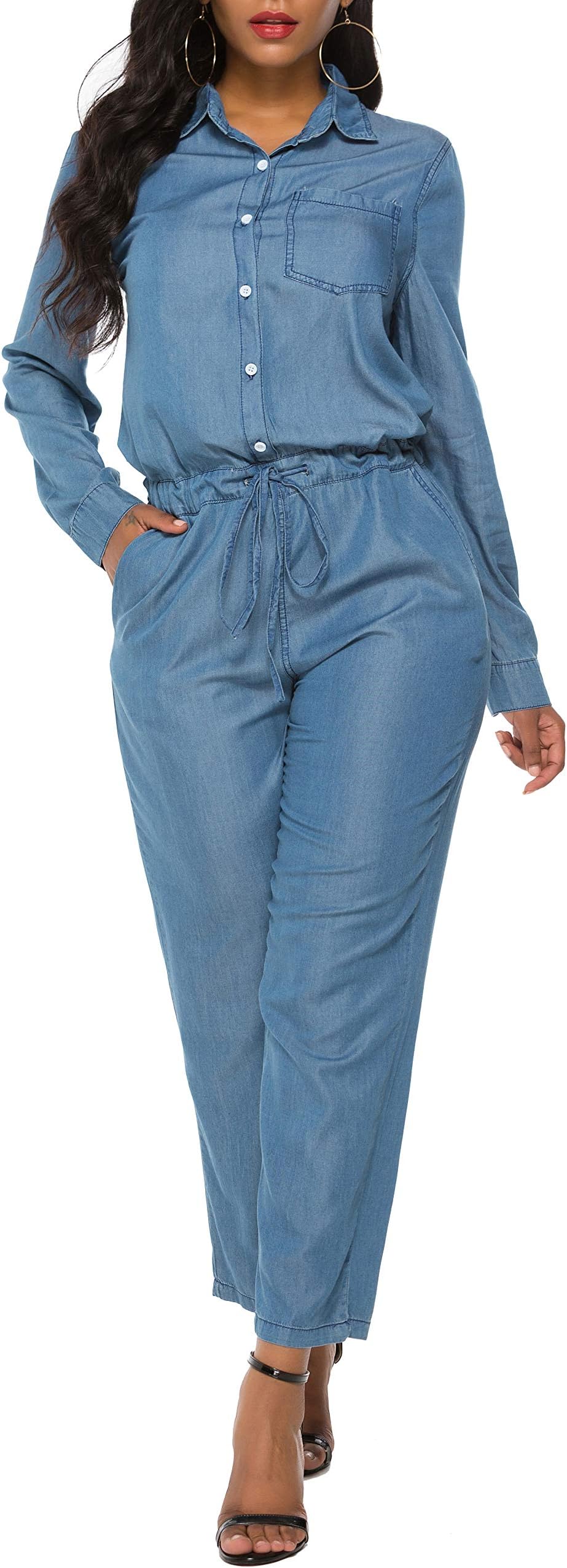 Fanvans Womens Casual Jumpsuit Long Sleeve Button Down Denim Rompers