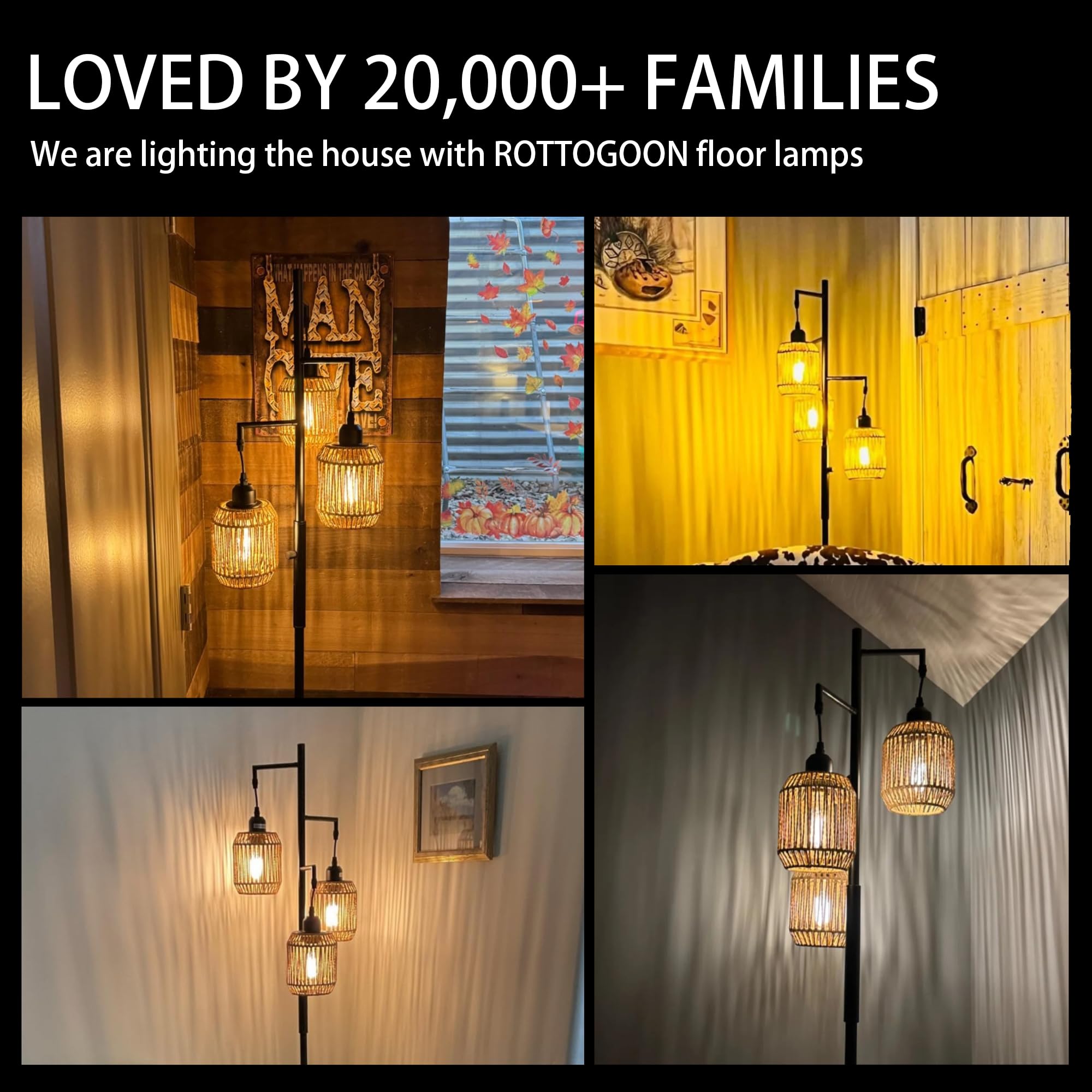 ROTTOGOON Dimmable Boho Floor Lamp - 3 Light Farmhouse Rattan Floor Lamp for Living Room, Industrial Tree Floor Lamps with 3 X 6W LED Bulbs, Rustic Standing Tall Lamp for Bedroom, Office, 68