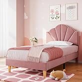 IDEALHOUSE Twin Bed Frame, Velvet Upholstered Platform Bed Frame with Height Adjustable Headboard for Boys &amp; Girls, Wood Slat Support, Easy to Assemble, No Box Spring Needed, Light Pink