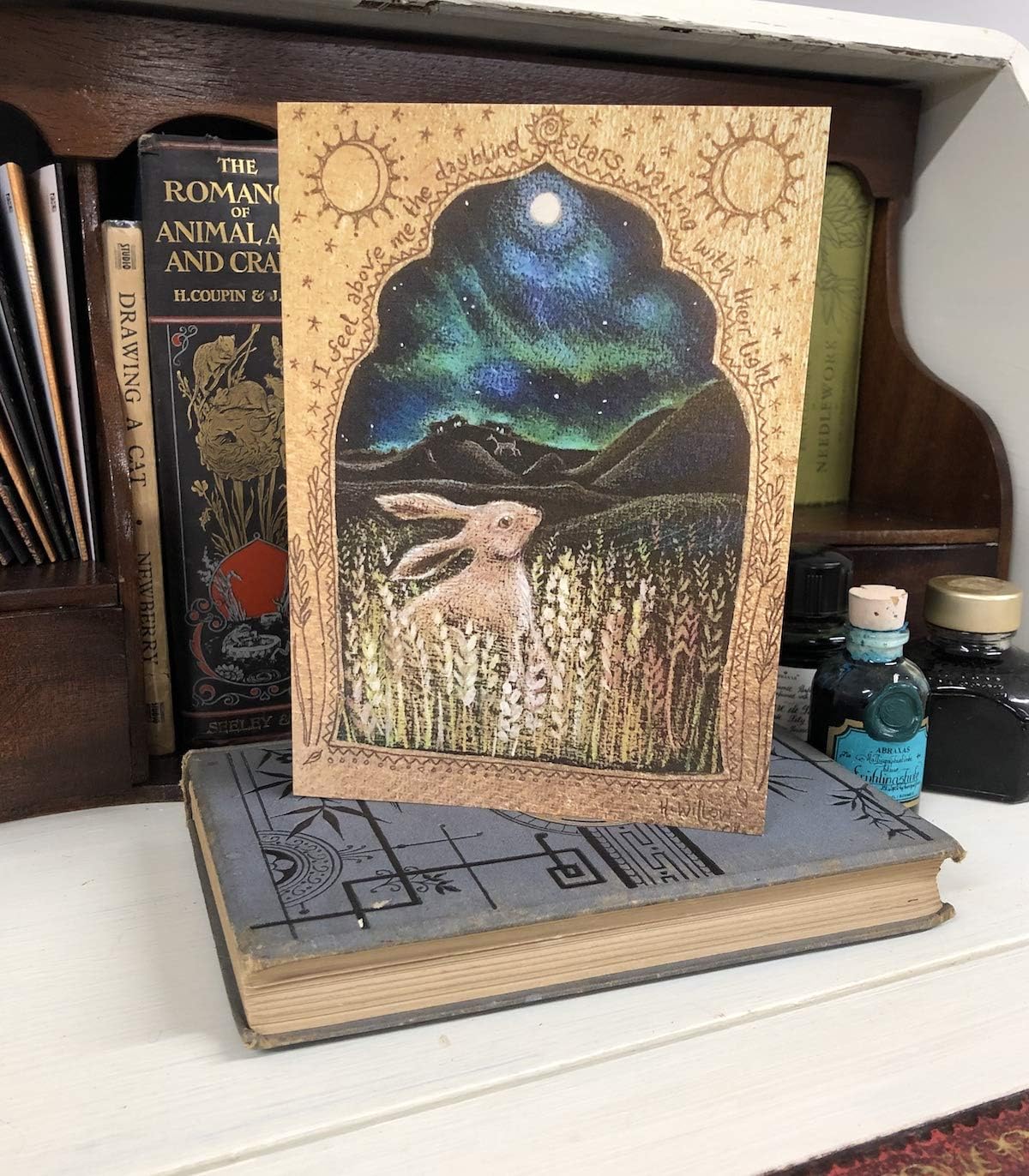Hannah Willow Northern Lights UK made Art Greetings Card - Hare gazing at the Northern Lights - Birthday card - Image 3