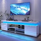 Hlivelood LED TV Stand for 85 Inch TV, Modern TV Stand with Power Outlet, High Gloss TV Console Entertainment Center with Storage and LED Lights for Living Room, Bedroom (73 Inch, White)