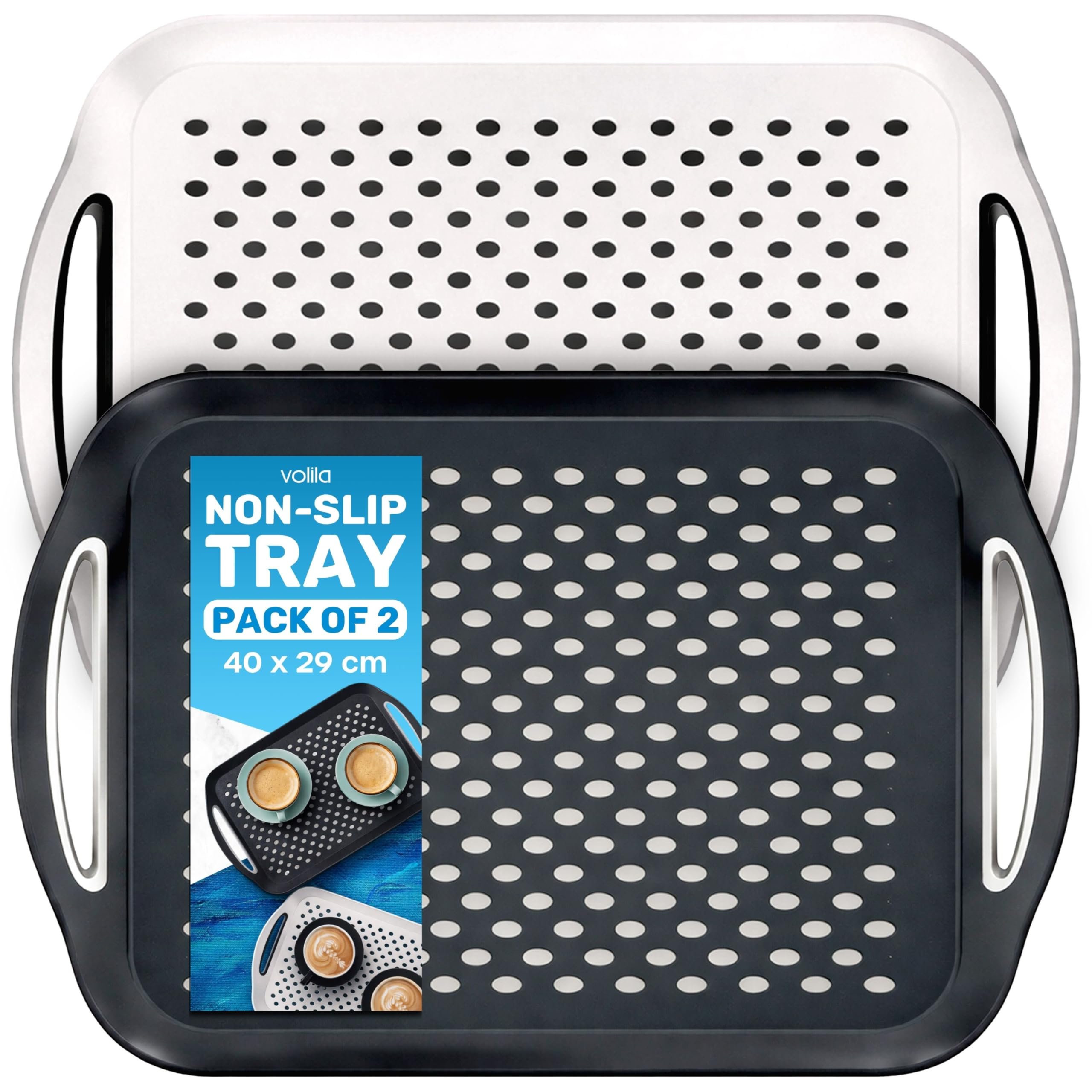 volila Non Slip Tray (2 Pack) - Plastic Non Slip Trays for Eating with Handle (41 x 29 x 4.5 cm) - Food Trays for Eating, Tea or Coffee - White and Black Serving Trays for Food and Drinks Serving