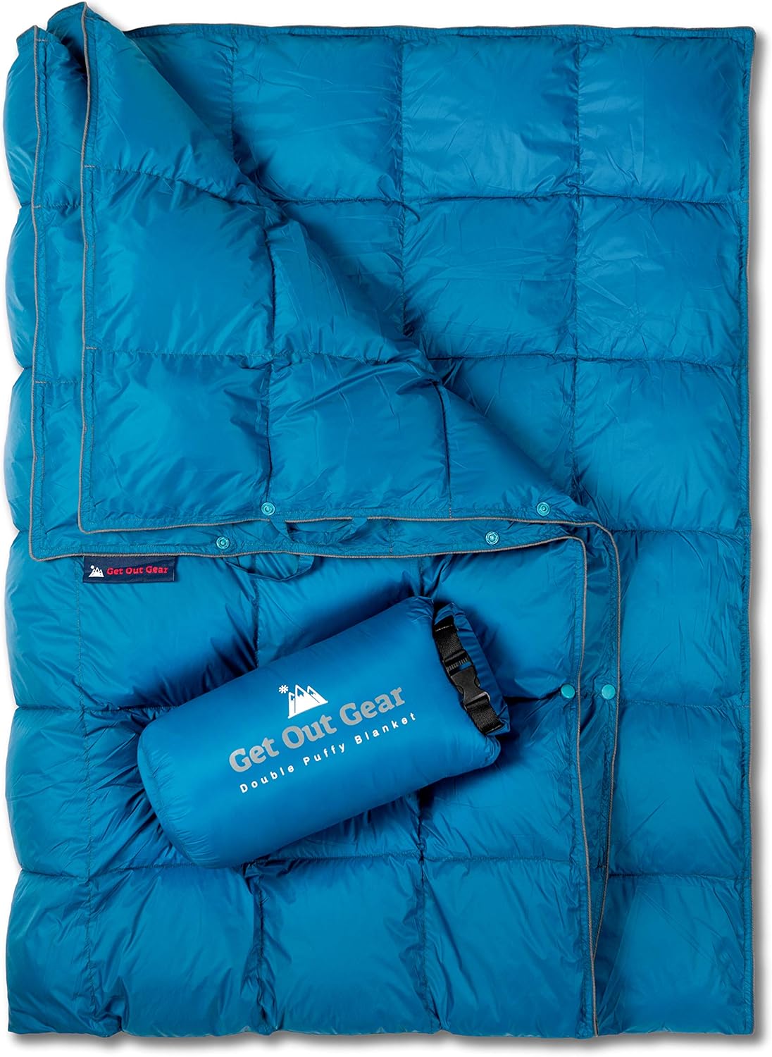 Get Out Gear Double Puffy Camping Blanket - Extra Puffy, Packable, Lightweight and Warm | Ideal for Outdoors, Travel, Stadium, Festivals, Beach, Hammock | Water-Resistant Camp Quilt (Teal Blue/Gray): Kitchen & Dining