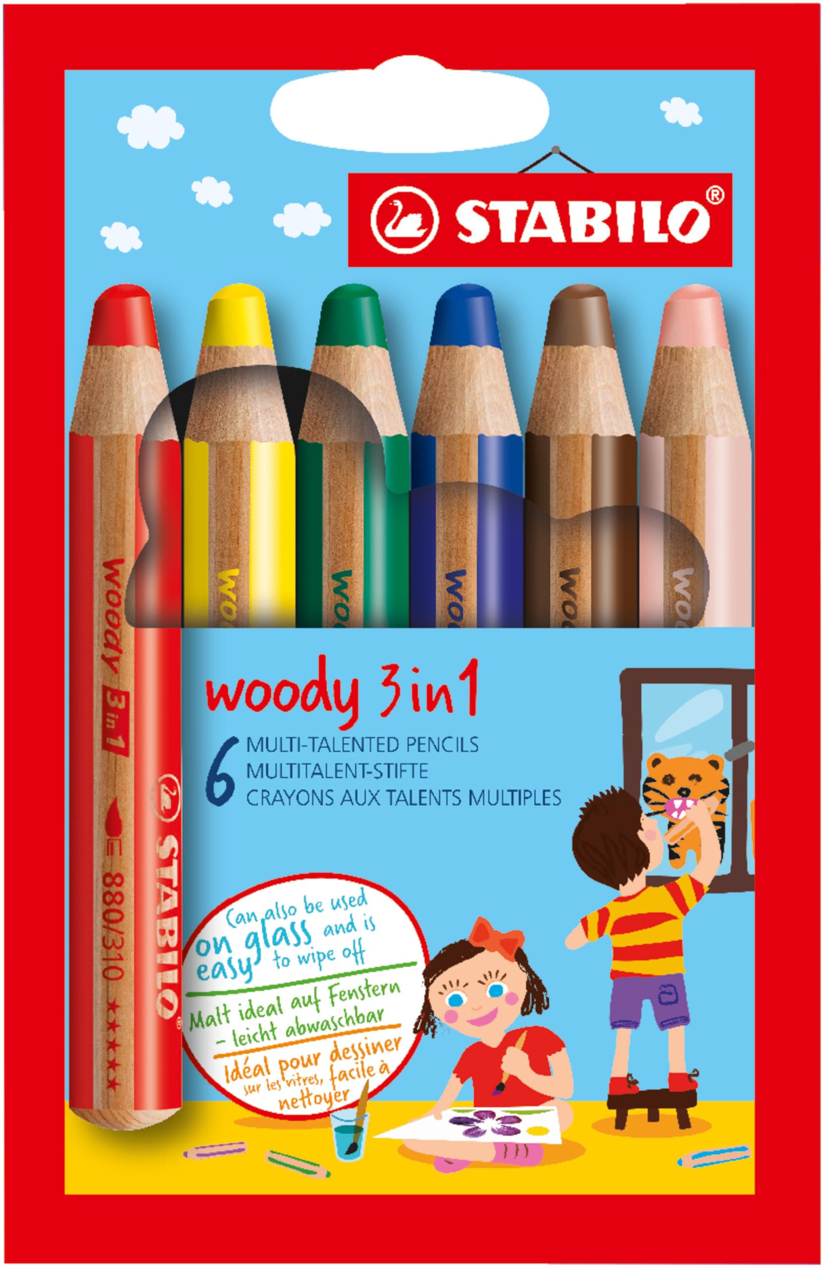 STABILO woody 3-in-1 - Multi-Talented Pencil - Pack of 6 - Assorted Colours