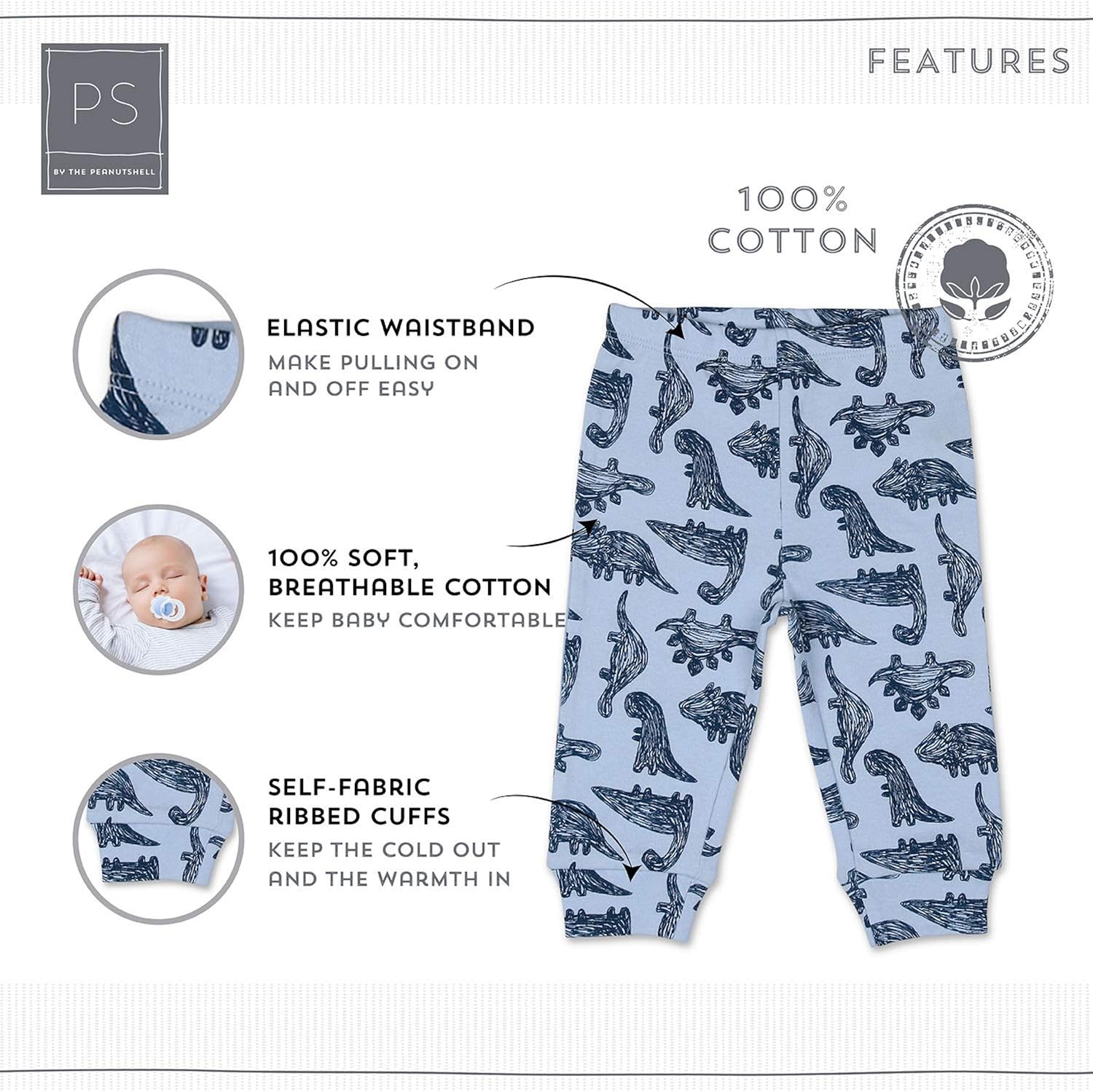The Peanutshell 5 Pack Pants Set for Baby Boys | Blue, Grey, Dinosaur | Sizes Newborn to 24 Months: Clothing