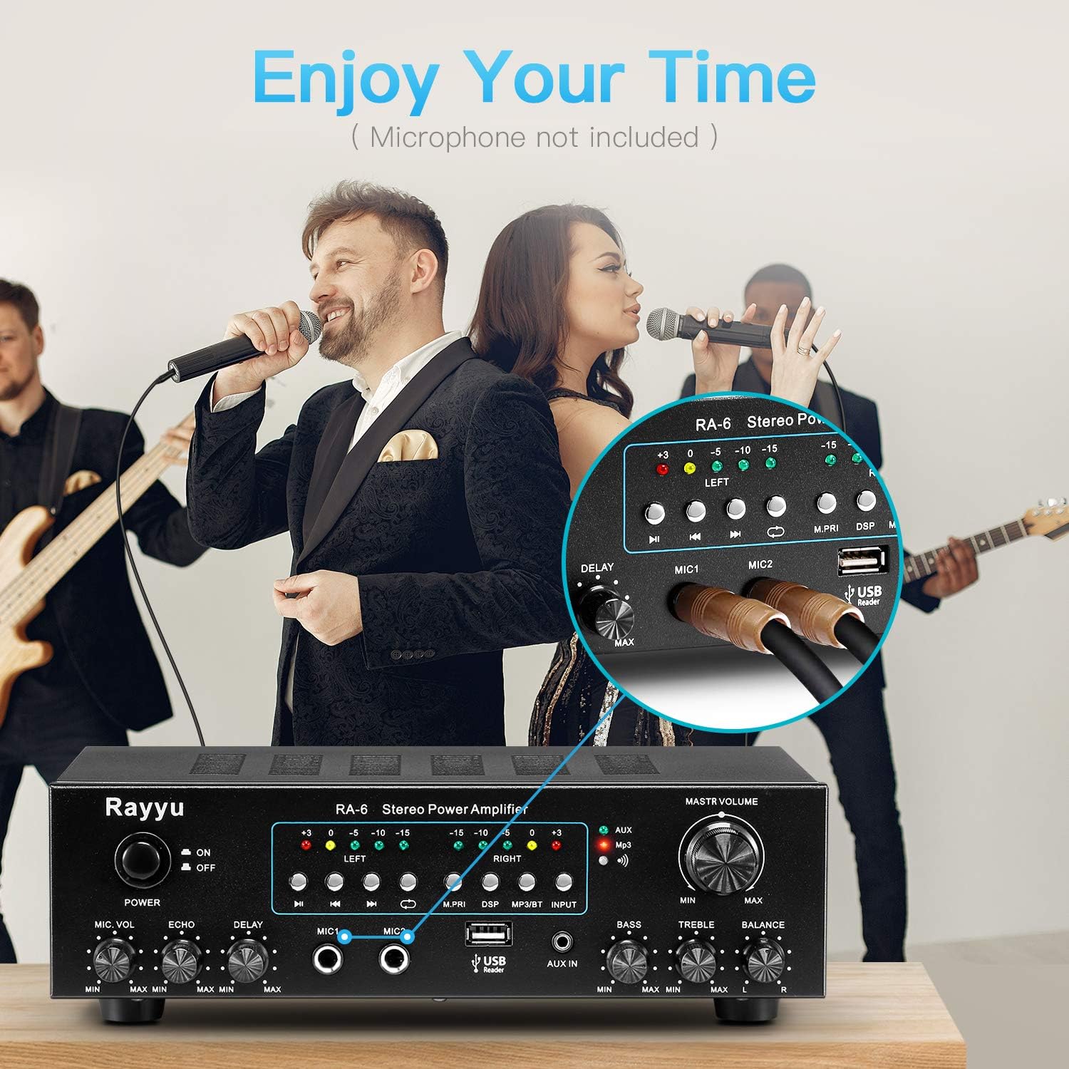 Rayyu Professional Digital Stereo Reverb MP3 Amplifier, Bluetooth Compatible Home Audio Power Amplifier，App Control，2x30W Mini Dual Channel，1/4”Microphone Input Jacks, Compact with USB/AUX RA-6: Home Audio & Theater