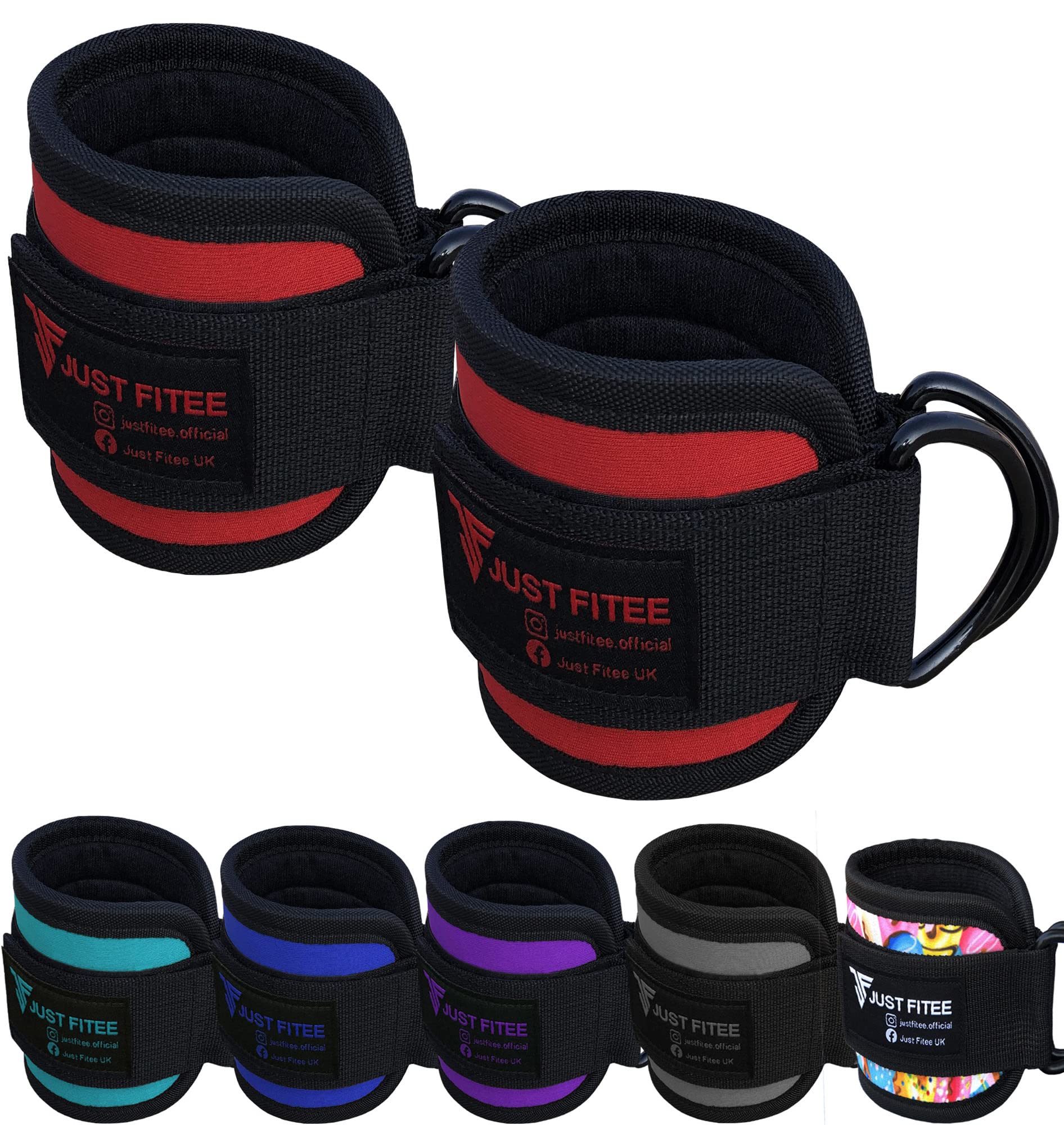 Just Fitee Ankle Straps for Cable Machine Attachments Gym Ankle Cuff for Kickbacks, Glute Workouts, Leg Extensions, Curls, Booty Hip Abductors Exercise for Men and Women, Adjustable Support (Red)
