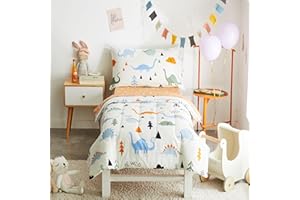 Joyreap 4 Piece Cotton Toddler Bedding Set for Kids Boys n Girls, Dinosaur Theme Cream White n Orange Reversible Design, Includes Quilted Comforter, Fitted Sheet, Top Sheet, and Pillow Case