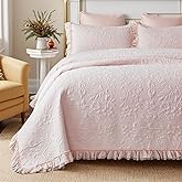 Brandream Queen Size Quilt Set Cotton Light Pink Quilts Shabby Chic Bedding Romantic Ruffle Bedspread Matelasse Coverlet Set 3-Piece
