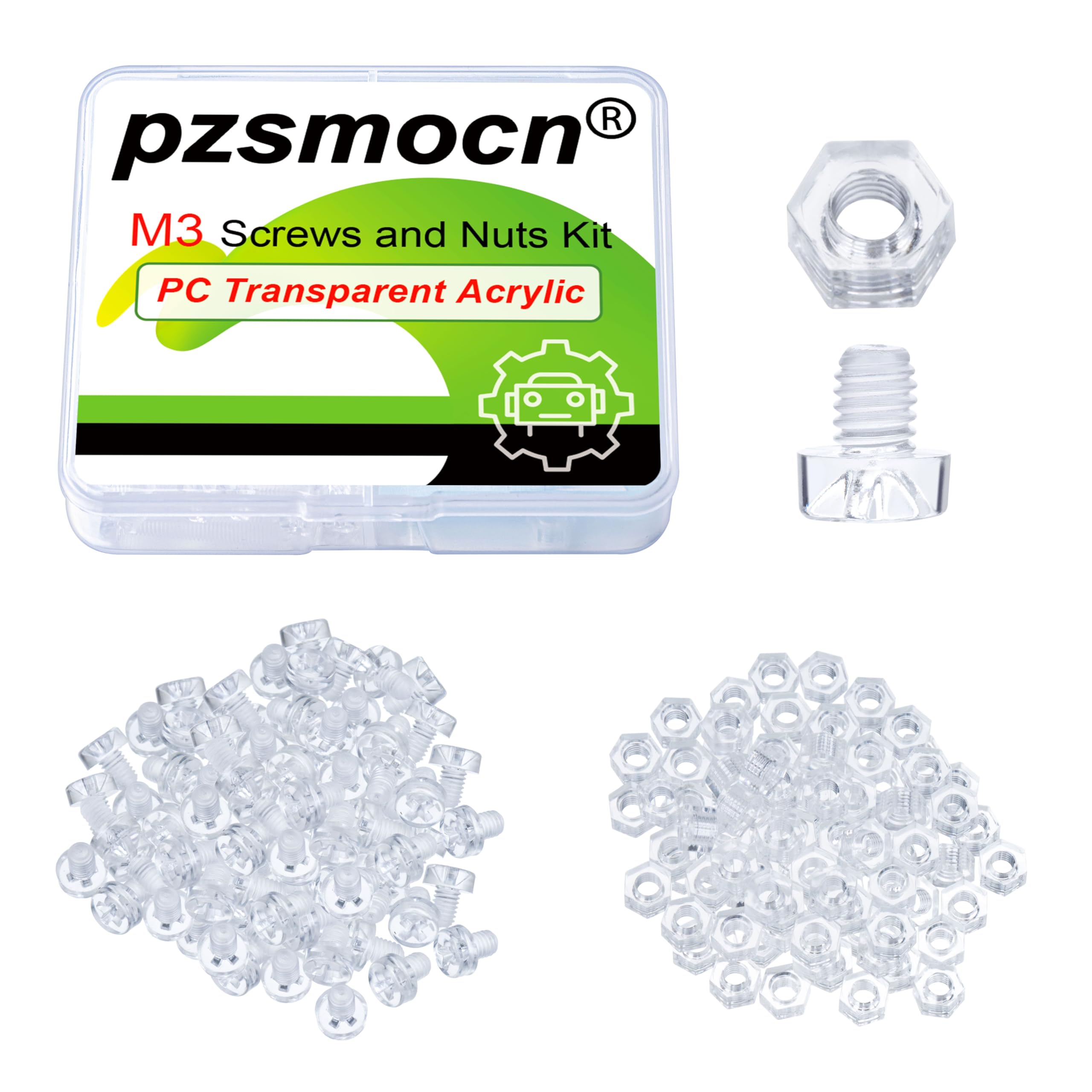 Pzsmocn 200 Pieces/100 Sets M3*4 mm PC Transparent Plastic Cross-recessed Round Head Screws and Hexagonal Nuts Kit, Corrosion-resistant, for DIY, Model and Electronic Product Fixation.