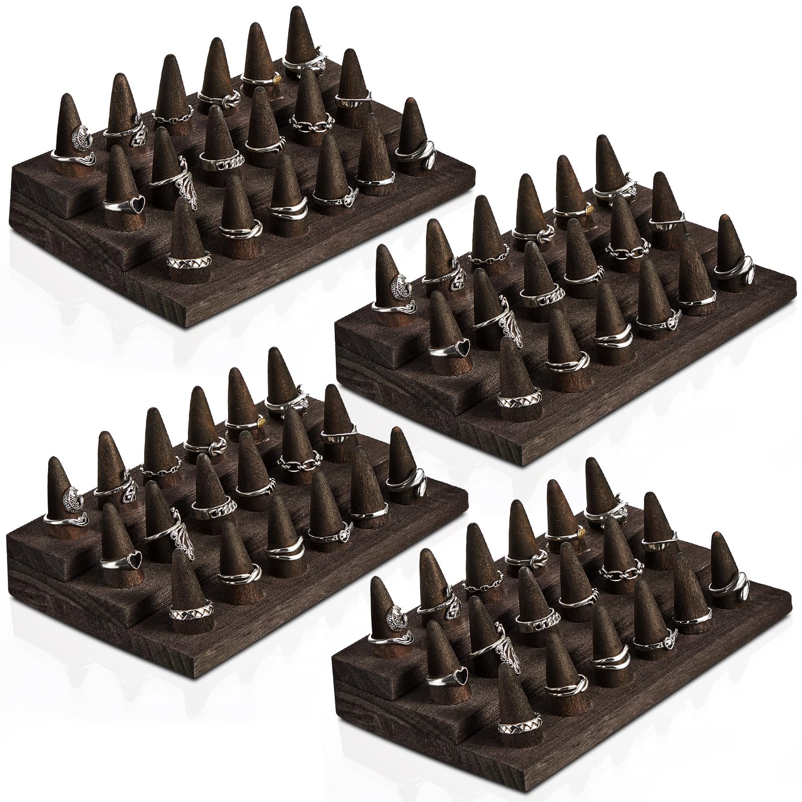 Photo 1 of Juexica 4 Pcs Wood Ring Display 18 Fingers Wood Ring Holder Jewelry Finger Display for Selling Wooden Jewelry for Accessories Organizer Show Storage(Gray Black)