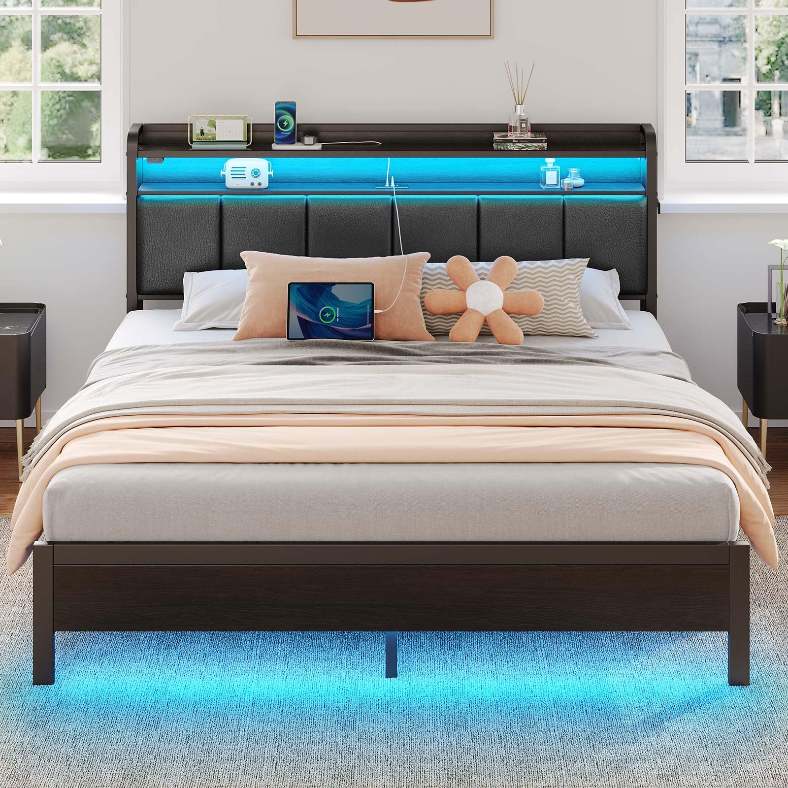 Rolanstar Bed Frame King Size with Charging Station and LED Lights, PU Leather Headboard with Storage Shelves, Heavy Duty Metal Slats, No Box Spring Need, Noise Free, Easy Assembly, Black Image