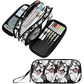 Fustylead Smiling Funny Boston Terrier Dog Pencil Pen Case with 3 Compartments, Lightweight & Spacious Stationery Bag Cosmetics Bag