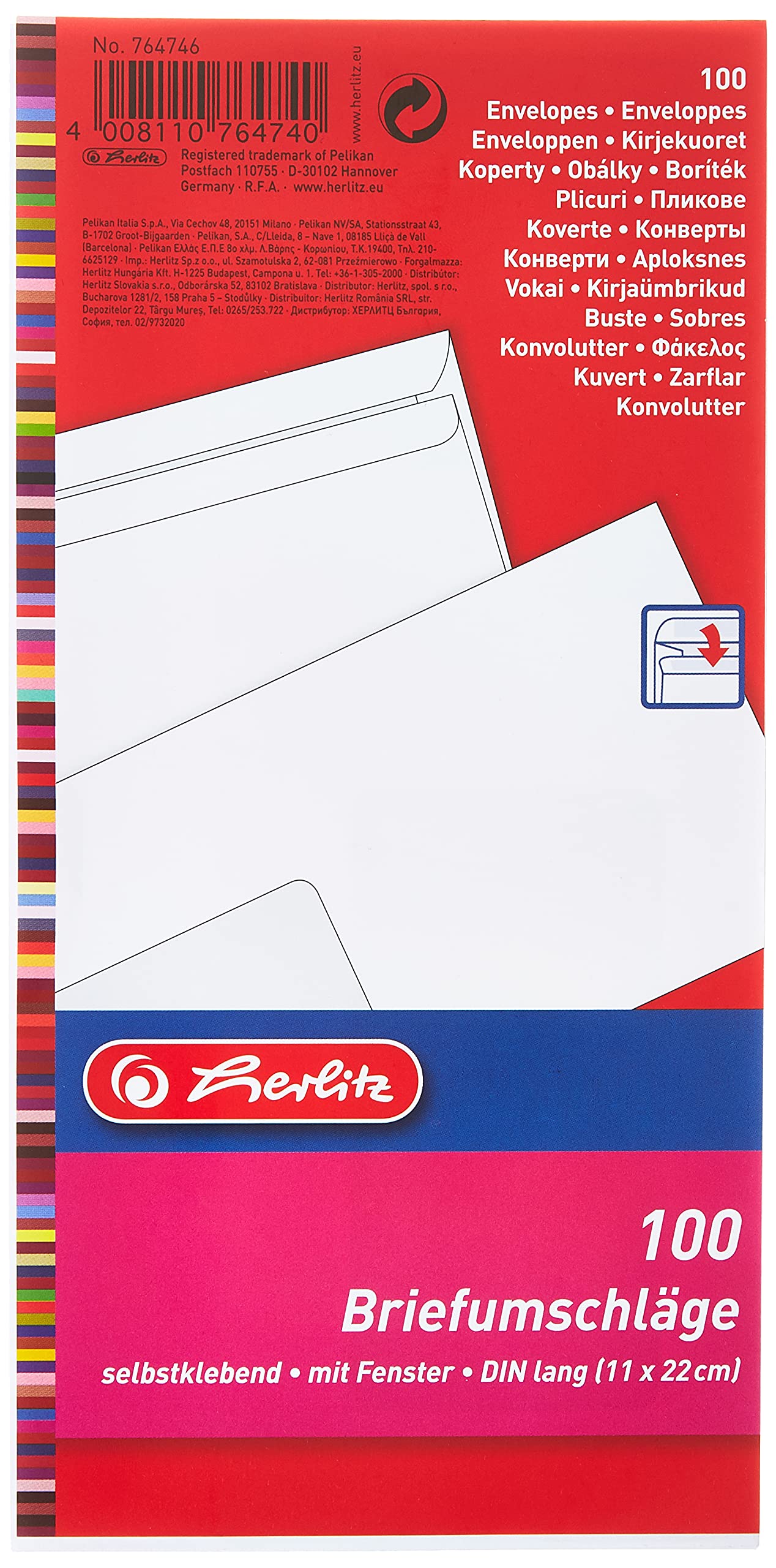 Herlitz DIN Long Format envelopes, Peel and Seal with Window, Pack of 100 with Inner Print in Sealed foil Packaging, White with Window dl White