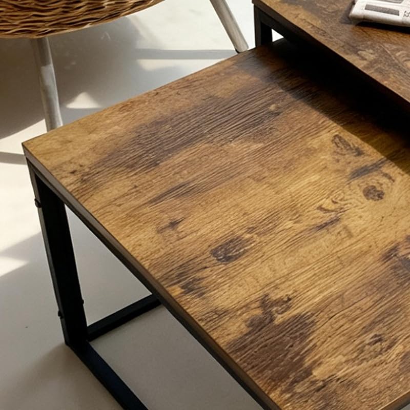 Conjunto de 2 mesas laterais, design industrial, 65/75 cm, Efeito Madeira e Metal, quadrado, castanho/preto