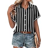 Zeagoo Summer Tops for Women Short Sleeve Business Casual Shirts Dressy Striped Button Down Beach Blouses