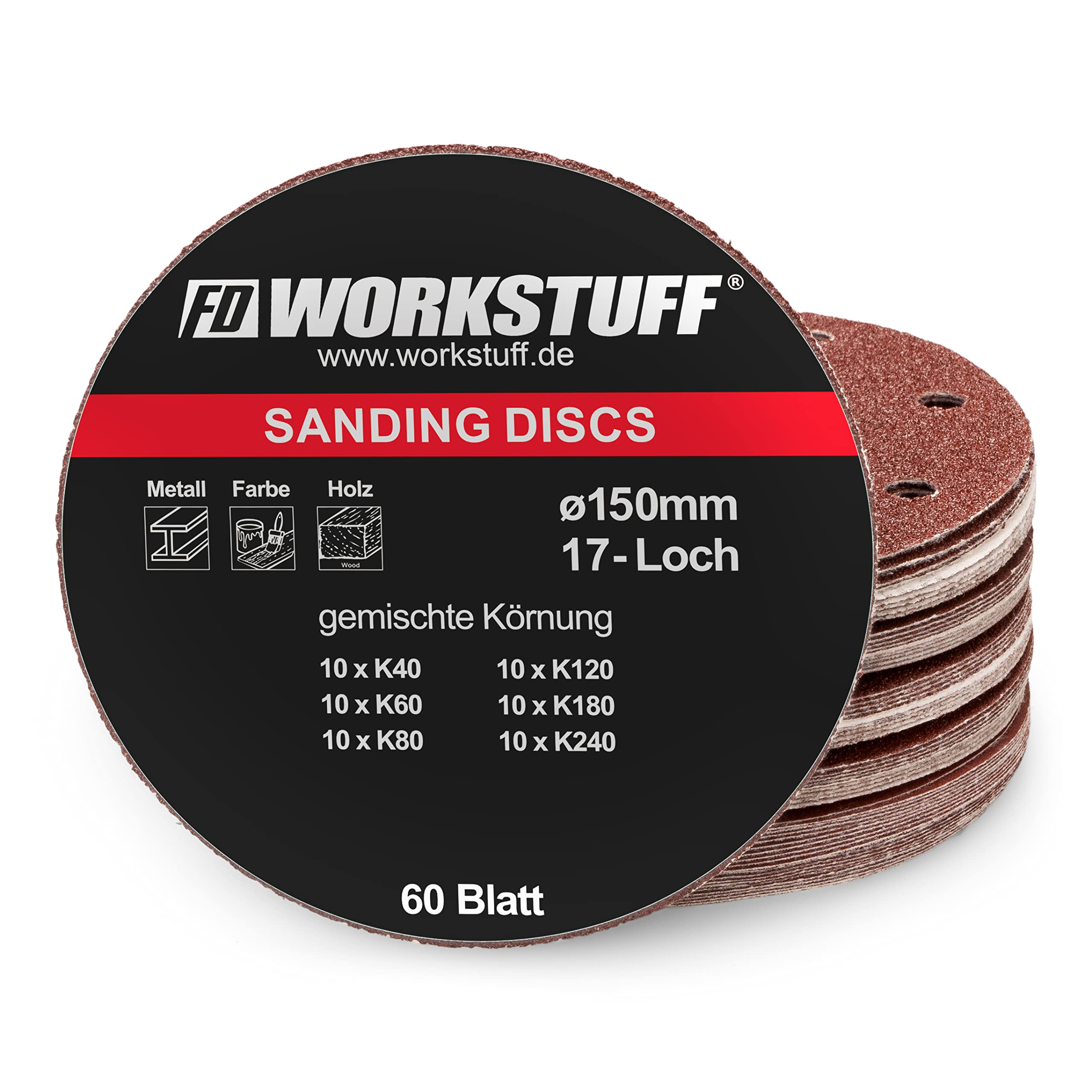 Fabric Sanding Discs 150mm – 17 Hole – Pack of 60 Mixed Grit (40/60/80/120/180/240) – for Orbital Sanders – Sanding Pads, Sheets, Paper