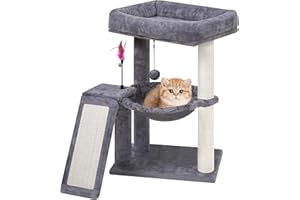 YOUPETSER YOUPET Cat Tree with Cat Scratching Post for Indoor Cats, Cat Tower with Scratching Board and Playful Toy Balls, Cat Tree Tower with Cozy Hammock,Grey