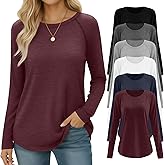 Oakgarden 6 Pack Womens Long Sleeve T Shirts Crew Neck Raglan Sleeve Basic Tops Curved Hem Loose Fit Casual Tunic