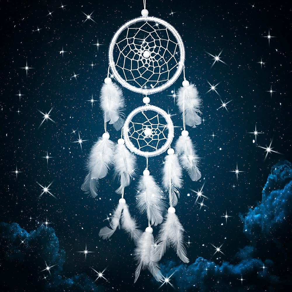 Mitening Handmade White Dream Catcher with Feathers & Pearls for Decor