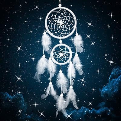 Mitening Handmade White Dream Catcher with Feathers & Pearls for Decor