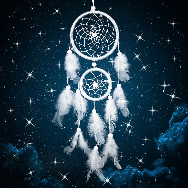Mitening Handmade White Dream Catcher with Feathers & Pearls for Decor