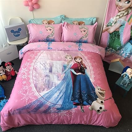 Cenarious Pink Princess Frozen Anna Elsa Cartoon Style Duvet Cover Set Cotton Flat Sheet Bed Cover 4pcs Bedding Set Queen Flat Sheet Set 86 X94