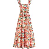 dowerme Summer Dresses for Women 2026 Casual Ruffle Smocked Tiered A-Line Boho Floral Maxi Beach Sun Dress with Pockets