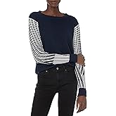 Cable Stitch Women's Contrast-Sleeve Cotton Sweater - Crewneck Long Sleeve Knitted Pullover Top