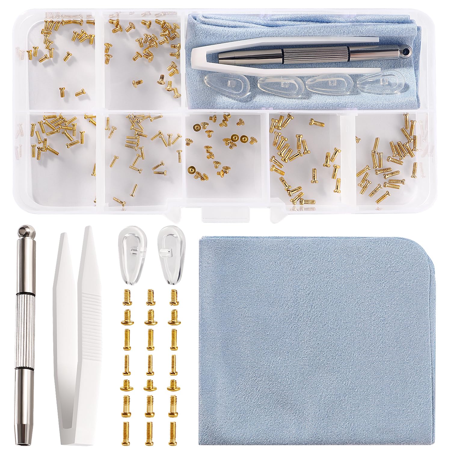 YIXISI 140 PCS Eyeglass Sunglass Glasses Repair Tool Kit, Spectacles Repair Screws Set, Eyeglass Repair Kit, with Screwdrivers, Silicone Nose Pads, Tweezer, Glasses Cloth, Gold
