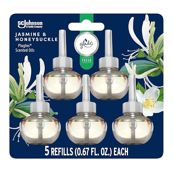 GLADE PLUGINS REFILLS AIR FRESHENER, JASMINE & HONEYSUCKLE, SCENTED AND ESSENTIAL OILS FOR HOME AND BATHROOM, 0.67 FL OZ, 5 COUNT