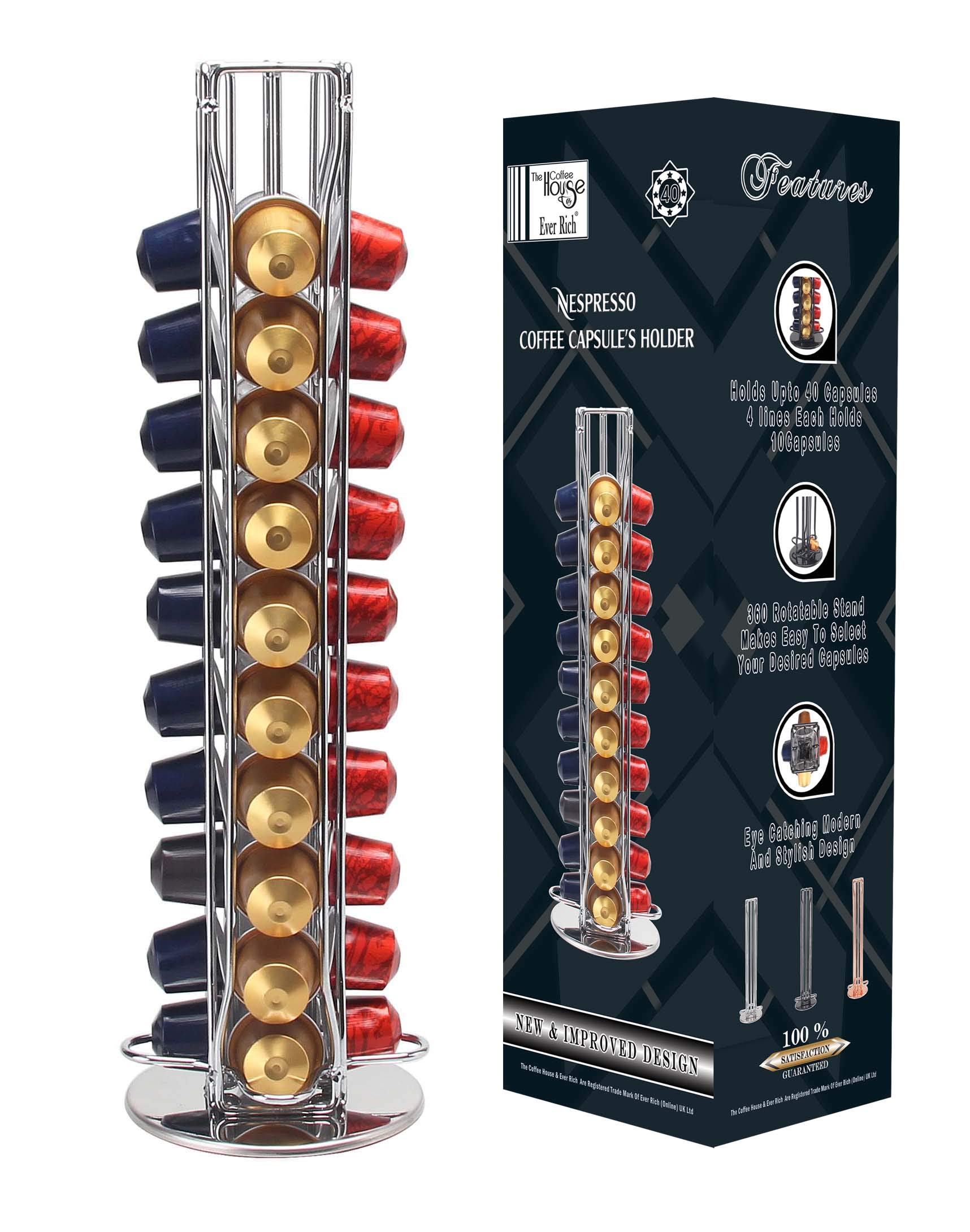 Ever Rich ® Tower 40 Coffee Capsule Pod Holder - Rotating Design Compatible with Nespresso Coffee Pods (Z-Tower 40 Silver)