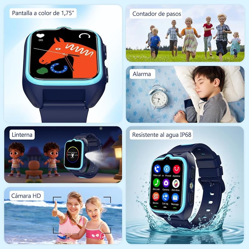 Relógio Inteligente 4G para Crianças com Videochamada e GPS, Relógio Inteligente Infantil com SOS, Lanterna LED, Chat de Voz, Bateria de 800 mAh, Modo Aula, Pedómetro, Câmara, IP68, Presente e Brinquedo para Raparigas e Rapazes — foto 7 de 8