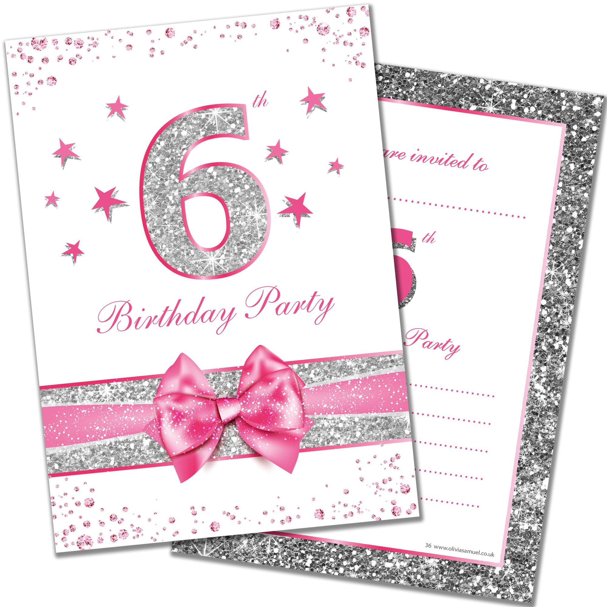 Olivia Samuel 20 x 6th Birthday Party Invitations from Pink Sparkly Design and Photo Effect Silver Glitter - A6 Postcard Size with envelopes